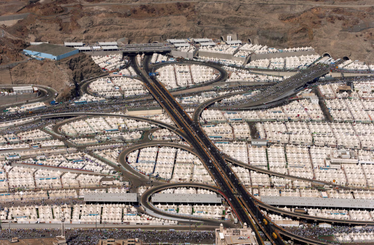 Image: An aerial view of the tents of Muslim pilgrims on the second day of Eid al-Adha in Mina, near the holy city of Mecca, during the annual haj pilgrimage