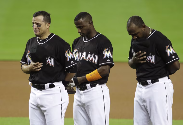 Image: Martin Prado, Adeiny Hechavarria, Marcell Ozuna