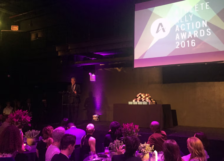 Olympian Greg Louganis speaking at the Athlete Ally Action Awards on Sept. 27, 2016.