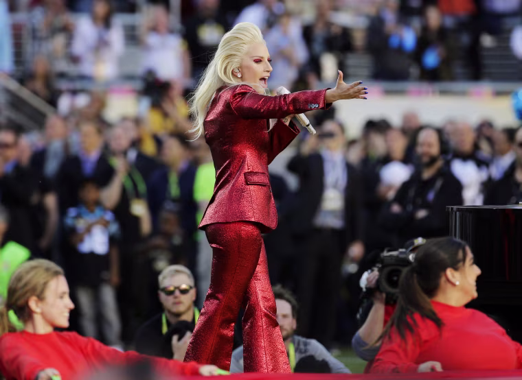 Lady Gaga sings the national anthem before the NFL Super Bowl 50 football game between the Denver Broncos and the Carolina Panthers in Santa Clara, Calif. on Feb. 7, 2016.
