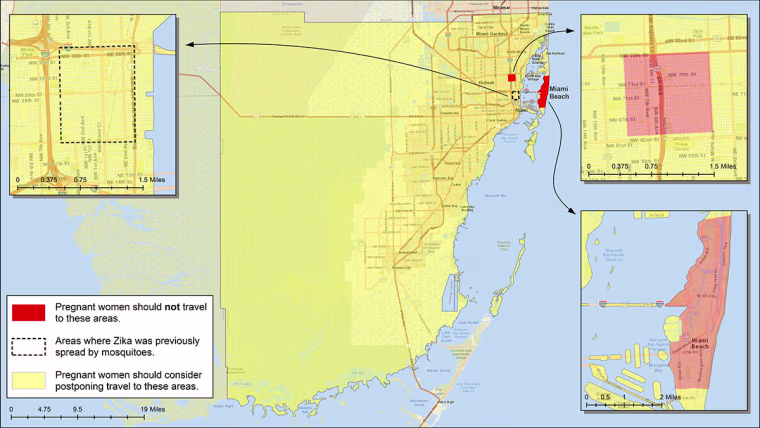 Image: Miami-Dade County, FL. Red shows areas where pregnant women should not travel