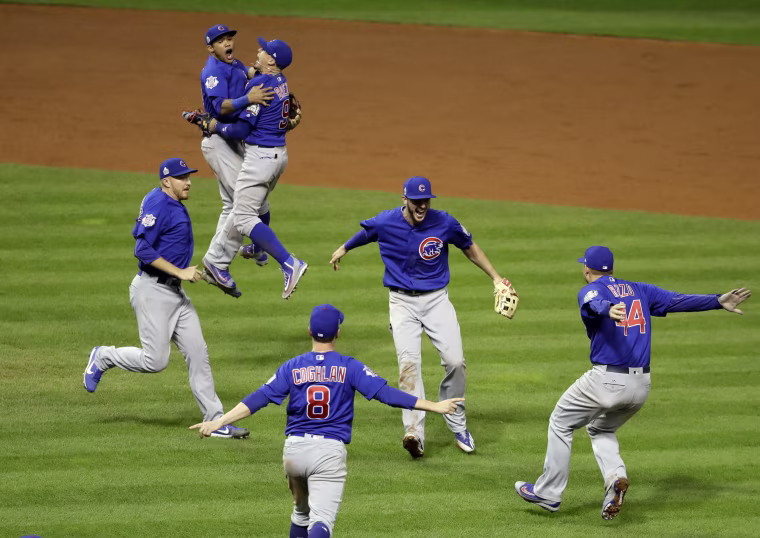 Image: The Chicago Cubs celebrate after Game 7 of the Major League Baseball World Series against the Cleveland Indians