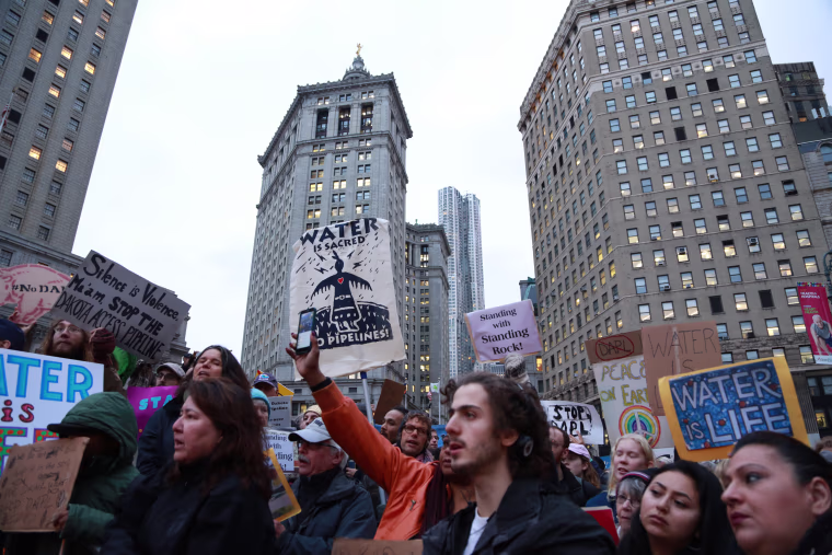 Protesters of the Dakota Access Pipeline chant, "This is our future, this is our drinking water" at a peaceful demonstration in lower Manhattan on Nov. 15.