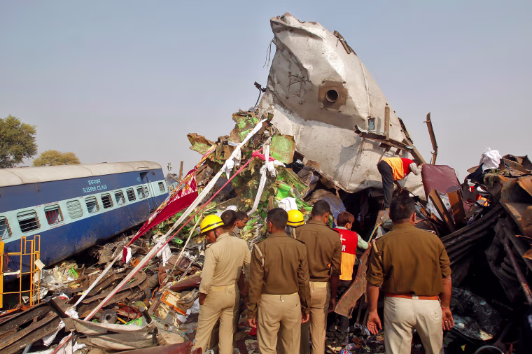 Image: Rescue workers search for survivors at the site of a train derailment in Pukhrayan, south of Kanpur city, India