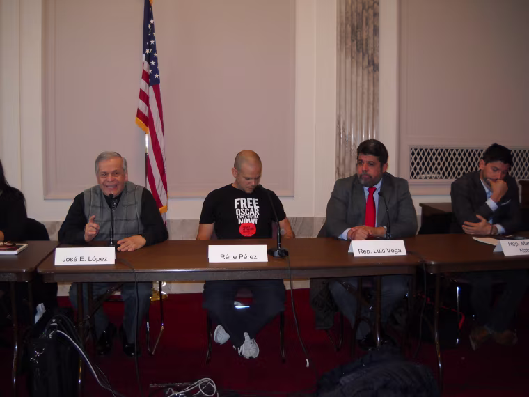 (from left, Jose Lopez Rivera, rapper Rene "Residente" Perez, island legislators Luis Vega and Manuel Natal Albeo, at the U.S. Senate, Washington, D.C., December 8, 2016