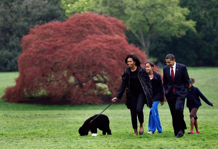 Image: President Barack Obama (2R), First Lady Michelle (L) and their daughters, Sasha (2nd L) and Malia (L), introduce their new dog, a Portuguese water dog named Bo, to the White House press corps at the South Lawn of the White House April 14, 2009.