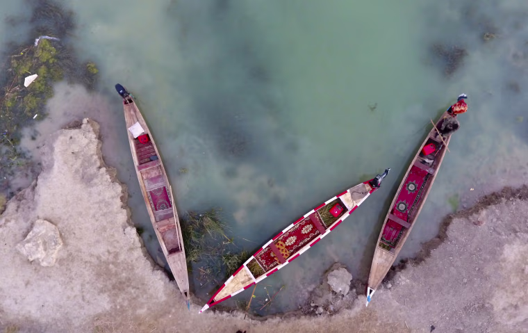Image: This aerial photo shows boats in the Chabaish marsh in the Maysan province of southern Iraq, Jan. 7.