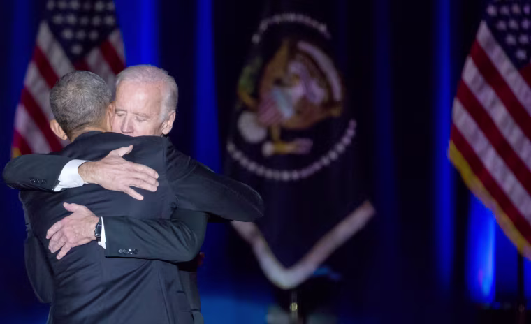 Image: On Tuesday, Jan. 10, U.S. Obama and Biden hug, after Obama delivered his farewell address to the American people at McCormick Place in Chicago.