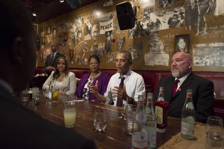 Image: President Barack Obama speaks to the media after having lunch with formerly incarcerated individuals who have received commutations, at Bus Boys and Poets restaurant on March 30, 2016 in Washington, D.C.
