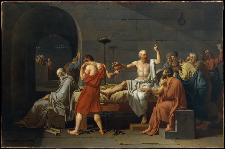 Image: The Death of Socrates, oil on canvas by Jacques Louis David, 1787.