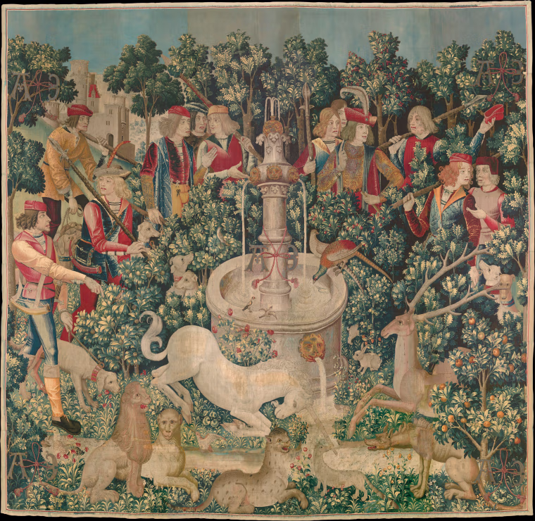 The Unicorn is Found (from the Unicorn Tapestries), wool warp with wool, silk, silver, and gilt wefts, 1495-1505. Flora and fauna play a significant role in the narratives of the Unicorn Tapestries.