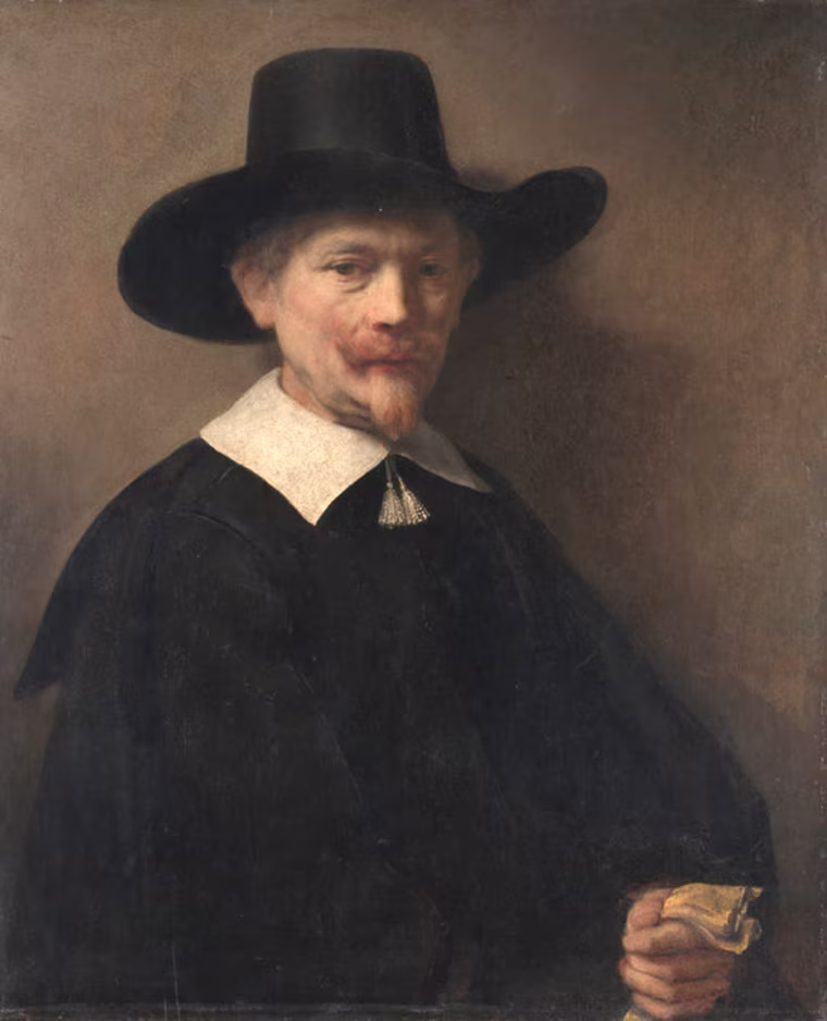 Portrait of a Man Holding Gloves, oil on wood by Rembrandt, 1648.

In style and execution this portrait of a dignified older gentleman is consistent with Rembrandt's work of about 1645-50.