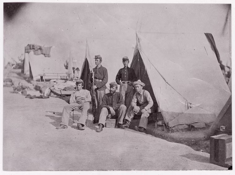 Image: 22nd New York State Militia, albumen silver print from glass negative by Mathew B. Brady, 1861.