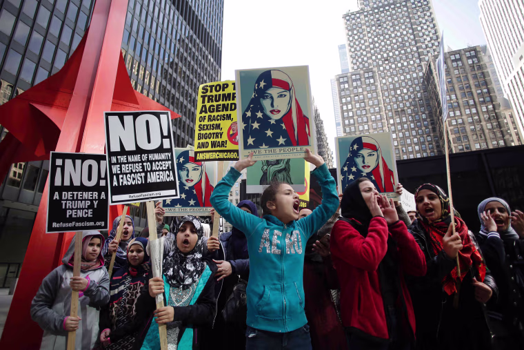 Image: Muslim women protest against President Trump on Feb. 19, 2017, in Chicago, Illinois.