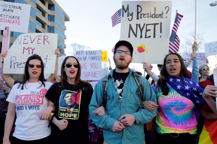 Image: Anti-Trump protesters march towards the White House during the \"Not My President's Day\" rally in Washington, D.C., on Feb.20, 2017.