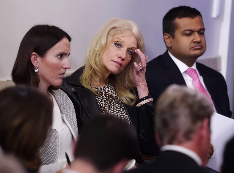 Image: Kellyanne Conway listens during the daily White House press briefing