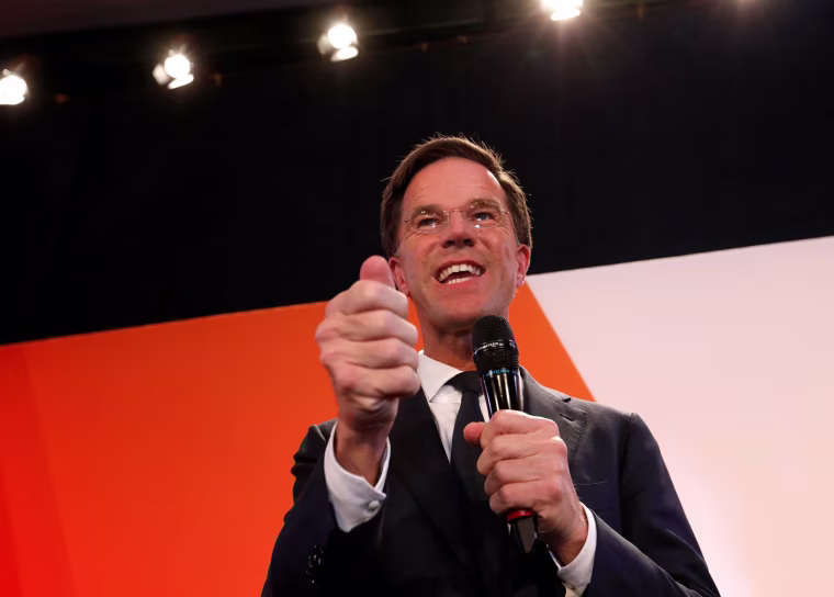 Image: Dutch Prime Minister Mark Rutte of the VVD Liberal party appears before his supporters in The Hague