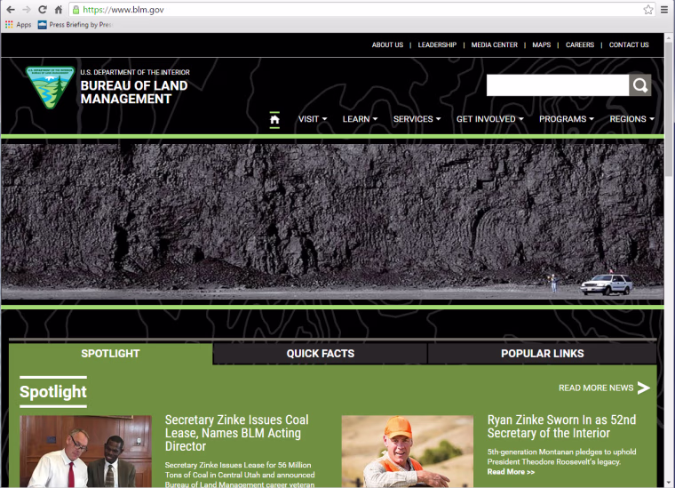 The homepage of the Bureau of Land Management website was changed to showcase a photo of a coal bed on March 31. 