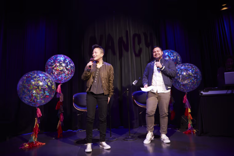 (L-R) Kathy Tu and Tobin Low, hosts of WNYC's new podcast, "Nancy"