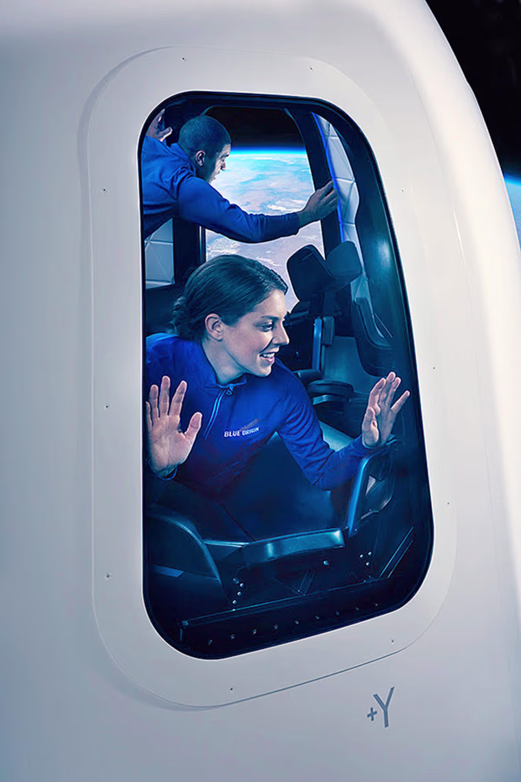A digital representation of a passenger inside a Blue Origin New Shepard vehicle during flight.