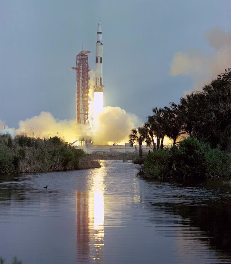 A Saturn V rocket launches with the Apollo 13 spacecraft at the Kennedy Space Center on April 11, 1970.