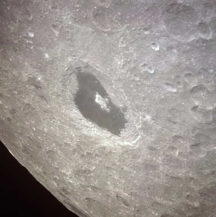 During their lunar pass on April 14, 1970, the crew of the Apollo 13 mission captured this view of the Tsiolkovsky crater on the far side of the moon, the hemisphere of the Moon that always faces away from Earth.