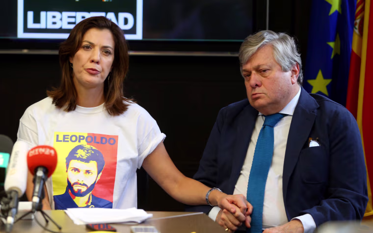 Image: Leopoldo Lopez, father of Venezuela's jailed opposition leader Leopoldo Lopez, and his daughter Diana Lopez, look on during a news conference in Madrid, Spain, May 5, 2017.
