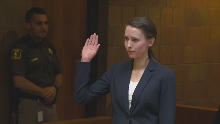 Rachael Denhollander testifies at a preliminary hearing for disgraced gymnastics doctor Larry Nassar on May 12, 2017.