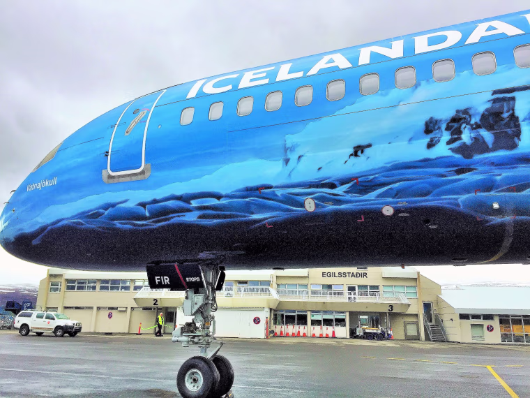 Icelandair just launched a glacier-themed plane that features ice-blue interior lighting, plus headrests, cups, napkins, lavatory decor — and even airsickness bags — all with a glacier motif.
