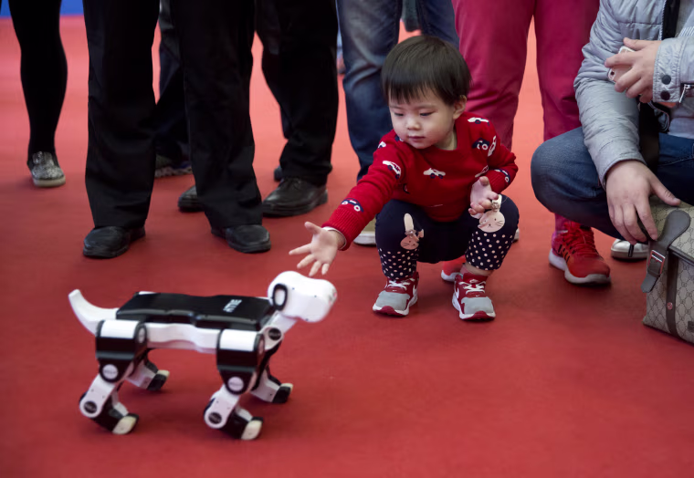 A child reaches out to a robotic dog at the World Robot Conference in Beijing in 2016.