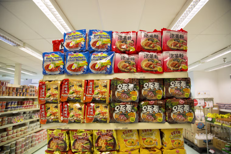 Image: An array of colorful packaging at the Korea Foods superstore in New Malden, London