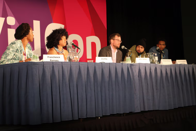 From left to right: Franchesca Leigh, Jouelzy, John Green, Humza Arshad, and Sam Saffold. The five content creators spoke on a panel about YouTube's Creators for Change initiative during the 8th Annual VidCon held in Anaheim, California, June 23, 2017.