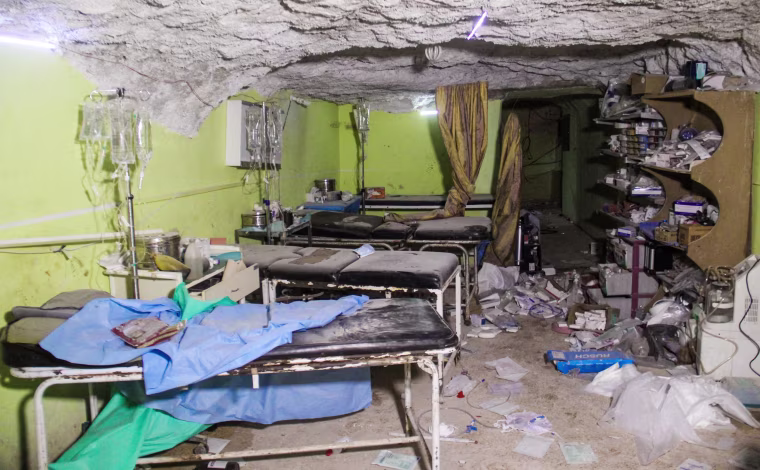 Image: A destroyed hospital room in Khan Sheikhun, a rebel-held town in the northwestern Syrian Idlib province, following a suspected toxic gas attack