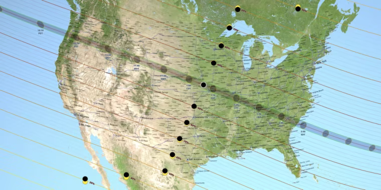 A projection of the solar eclipse's path on August 21, 2017