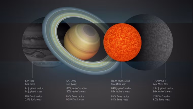 Relative sizes of Jupiter, Saturn, EBLM J0555-57Ab, and TRAPPIST-1