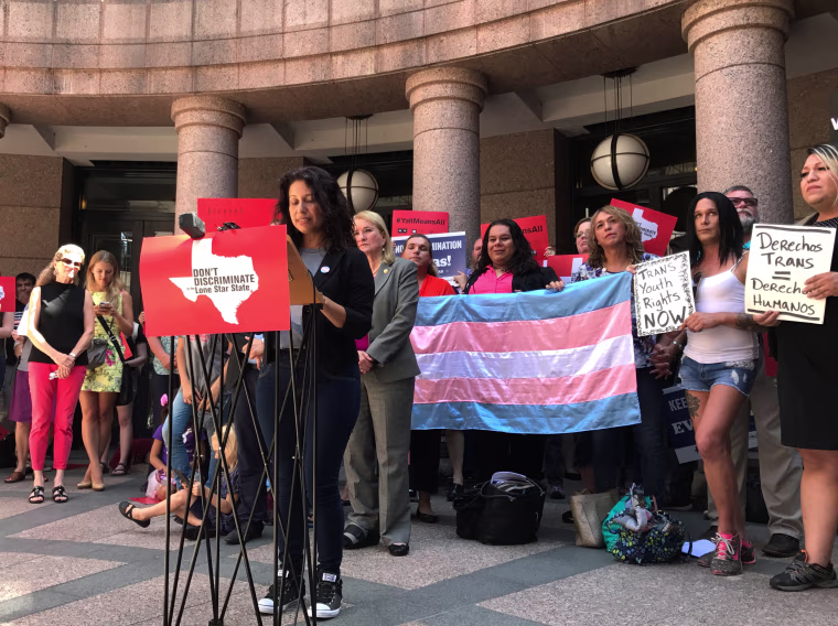 Image: Angie Castro speaks at a rally against a "bathroom bill" at the Texas Capitol in Austin