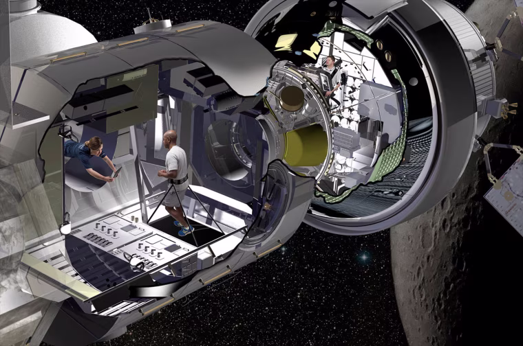 Lockheed Martin artist rendering of the NextSTEP habitat docked with Orion in cislunar orbit as part of a deep space gateway.