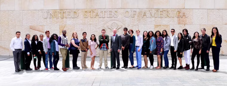 Participants of the Partners of the Americas Youth Ambassadors Program in front of the U.S. embassy in Bogotá, Colombia. July 2017