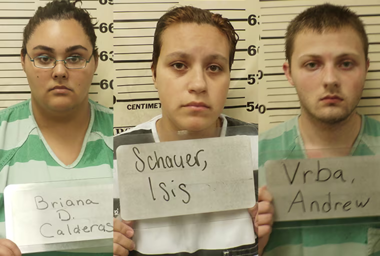 (L-R) Briana Calderas, Isis Schauer and Andrew Vrba have been charged with the murder of Ally Lee Steinfeld. 