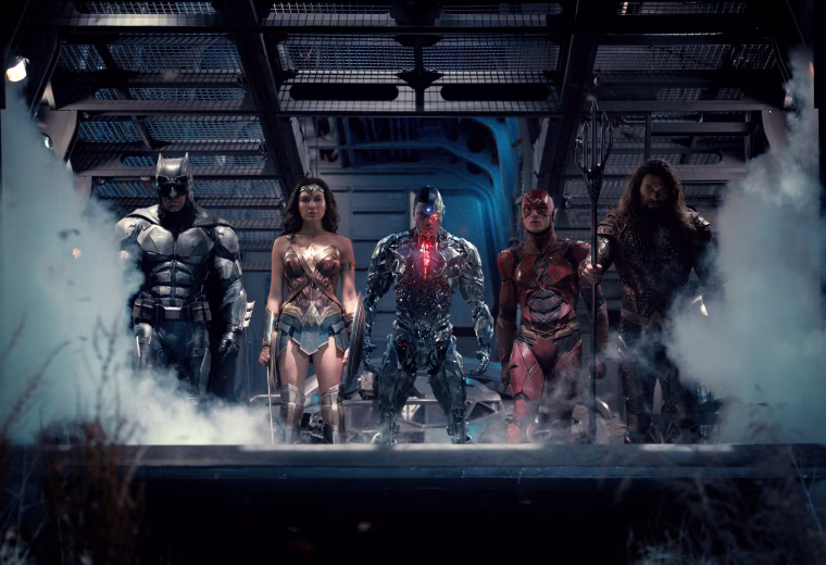 Image: Ben Affleck as Batman, Gal Gadot as Wonder Woman, Ray Fisher as Cyborg, Ezra Miller as The Flash and Jason Momoa as Aquaman