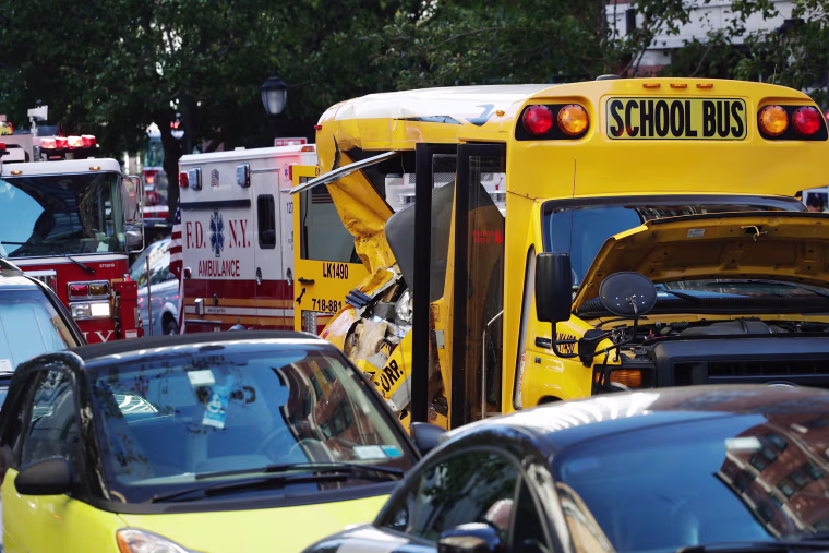 Image: a crushed school bus in tribeca