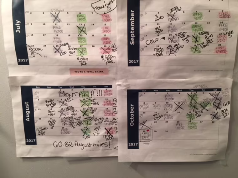 Having a physical calendar where she mapped out her runs each week helped Barber stick to her training schedule. 