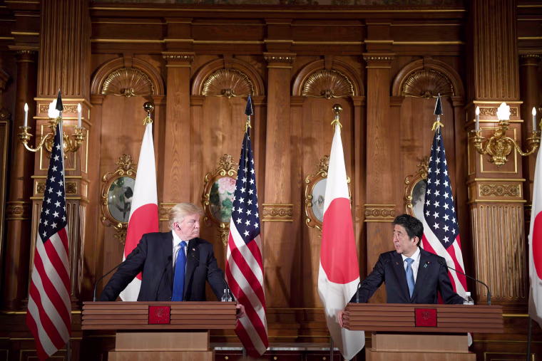 Image: President Trump and Japanese Prime Minister Shinzo Abe attend a joint press conference at Akasaka Palace in Tokyo on Nov. 6. Trump described North Korea's nuclear missile program as a \"threat\" to the world.