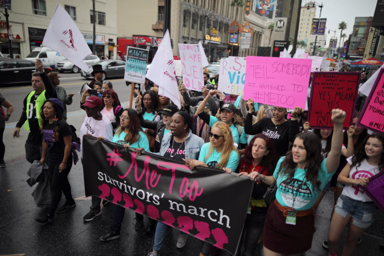 Image: People participate in a protest march for survivors of sexual assault and their supporters on Hollywood Boulevard in Hollywood, Los Angeles, on Nov. 12, 2017.