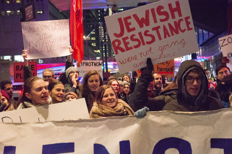 Activists led by the IfNotNow Jewish social justice group march to protest Steve Bannon's appearance at the Zionist Organization of America Gala on Nov. 12.
