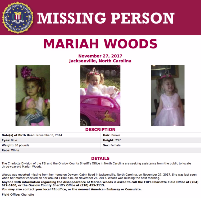 Image: The FBI's missing persons poster for Mariah Kay Woods.