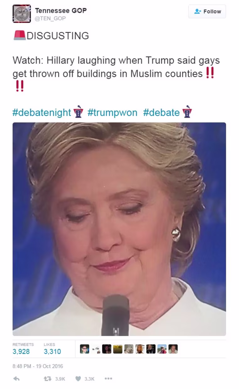 Screenshot of a tweet sent by a Russian troll on the night of the final debates, Oct. 19, 2016.