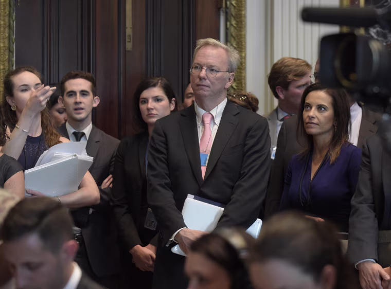 Image: Eric Schmidt listens as White House senior adviser Jared Kushner speaks at the opening session of the White House meeting with technology Chief Executive Officers