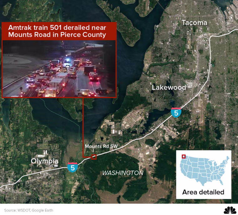 Map: Amtrak train 501 derailed near Mounts Road in Pierce County
