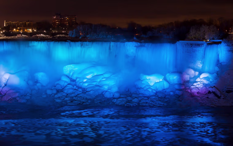 Image: Ice and water flow over the American Falls, viewed from the Canadian side in Niagara Falls